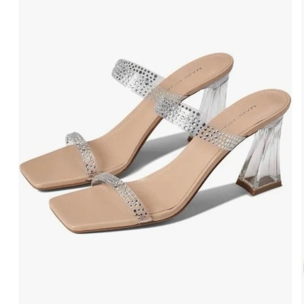 Marc Fisher Tan Rhinestone Clear Strap Square Toe Block Heel 7 Formal Chic Glam